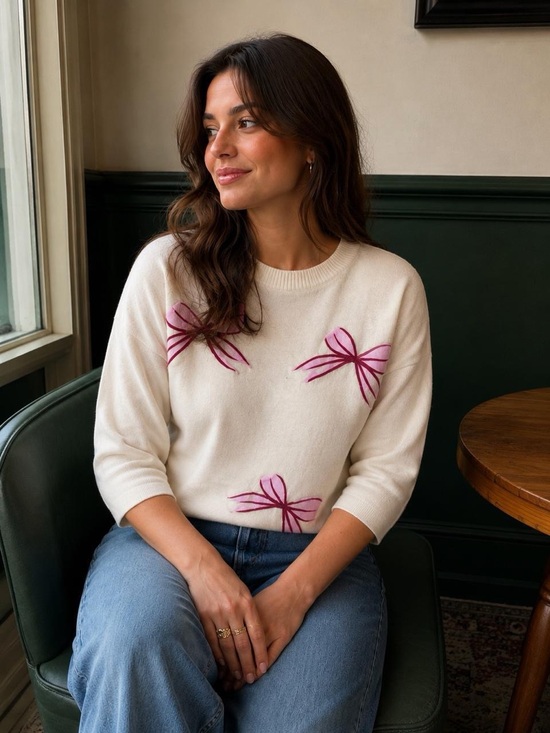 Aaeda Sweaters - Aaeda 3/4 sleeve Sweater with Bows Small